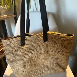 DKNY Tan Crochet Tote with Black Straps